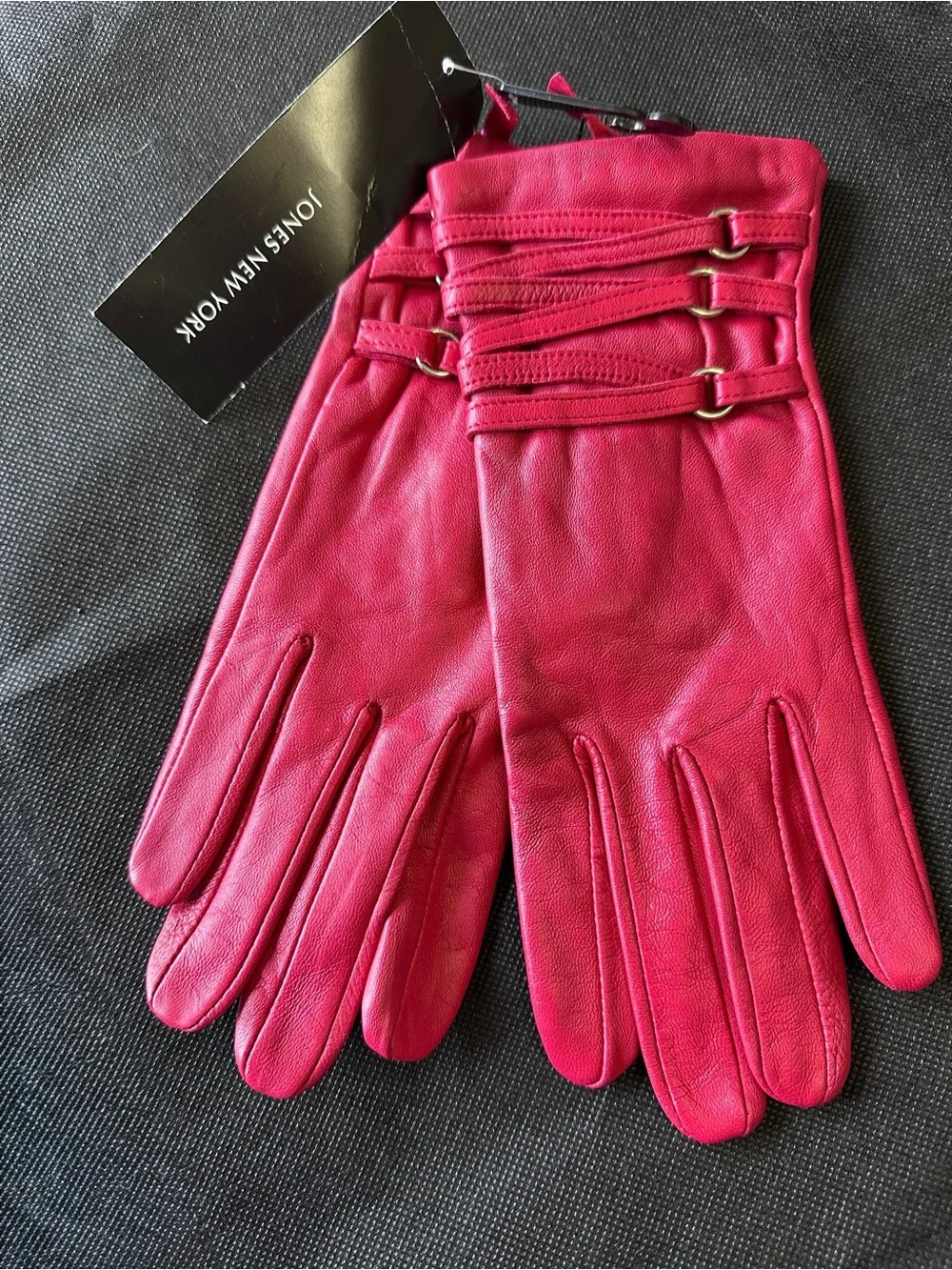 Jones New York NWT Red Leather Gloves Laced Wrist Detail L